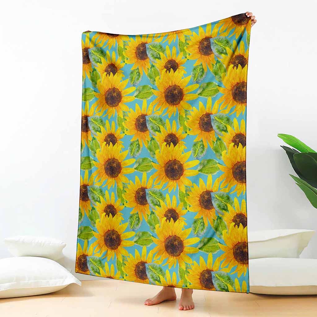 Blue Watercolor Sunflower Pattern Print Blanket