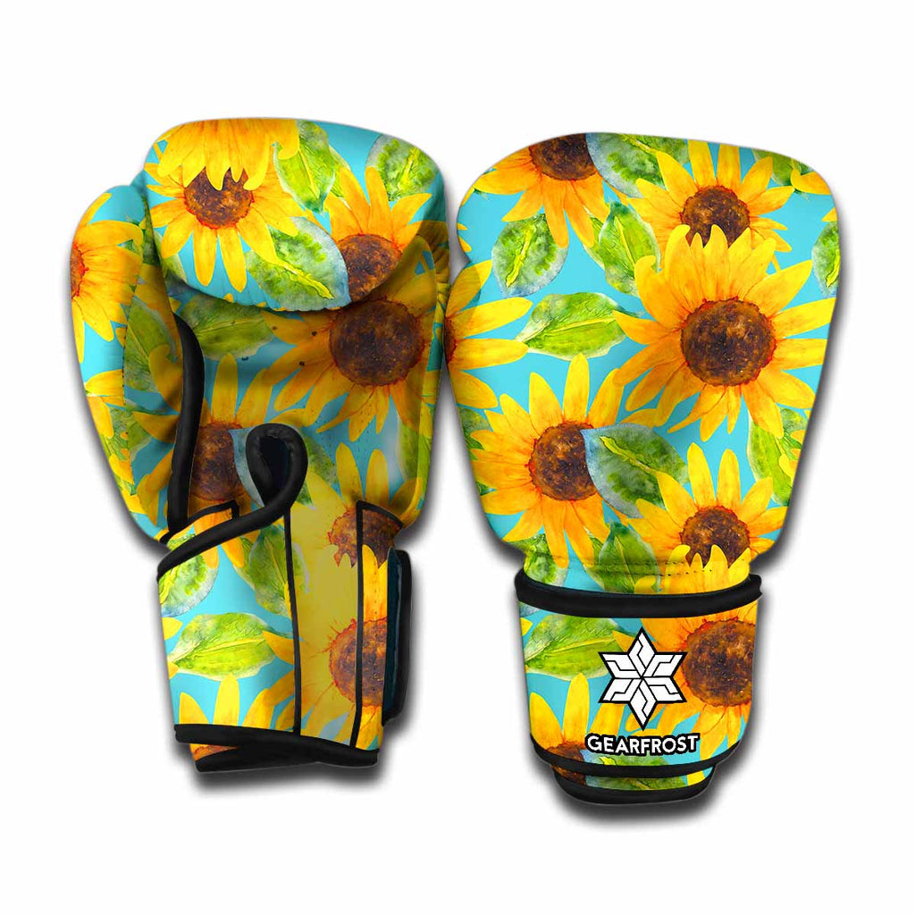 Blue Watercolor Sunflower Pattern Print Boxing Gloves