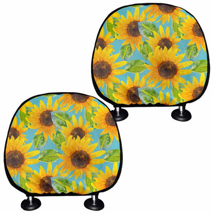 Blue Watercolor Sunflower Pattern Print Car Headrest Covers