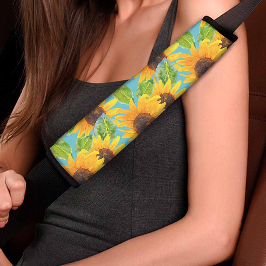 Blue Watercolor Sunflower Pattern Print Car Seat Belt Covers