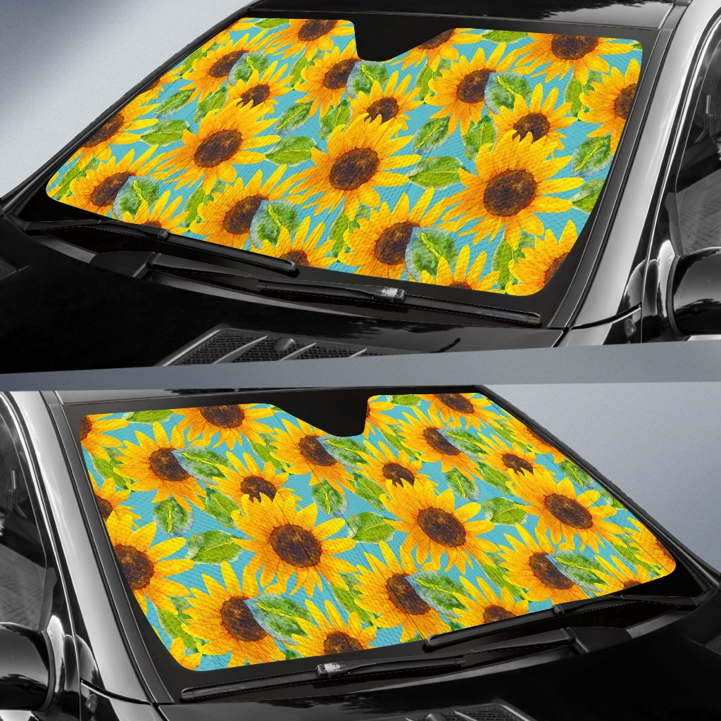 Blue Watercolor Sunflower Pattern Print Car Sun Shade GearFrost