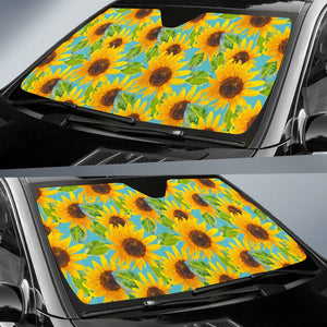 Blue Watercolor Sunflower Pattern Print Car Sun Shade GearFrost