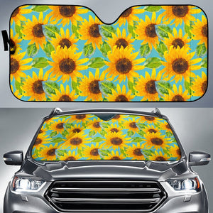 Blue Watercolor Sunflower Pattern Print Car Sun Shade GearFrost