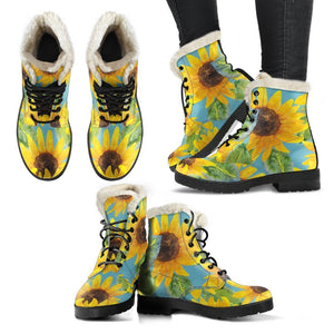 Blue Watercolor Sunflower Pattern Print Comfy Boots GearFrost