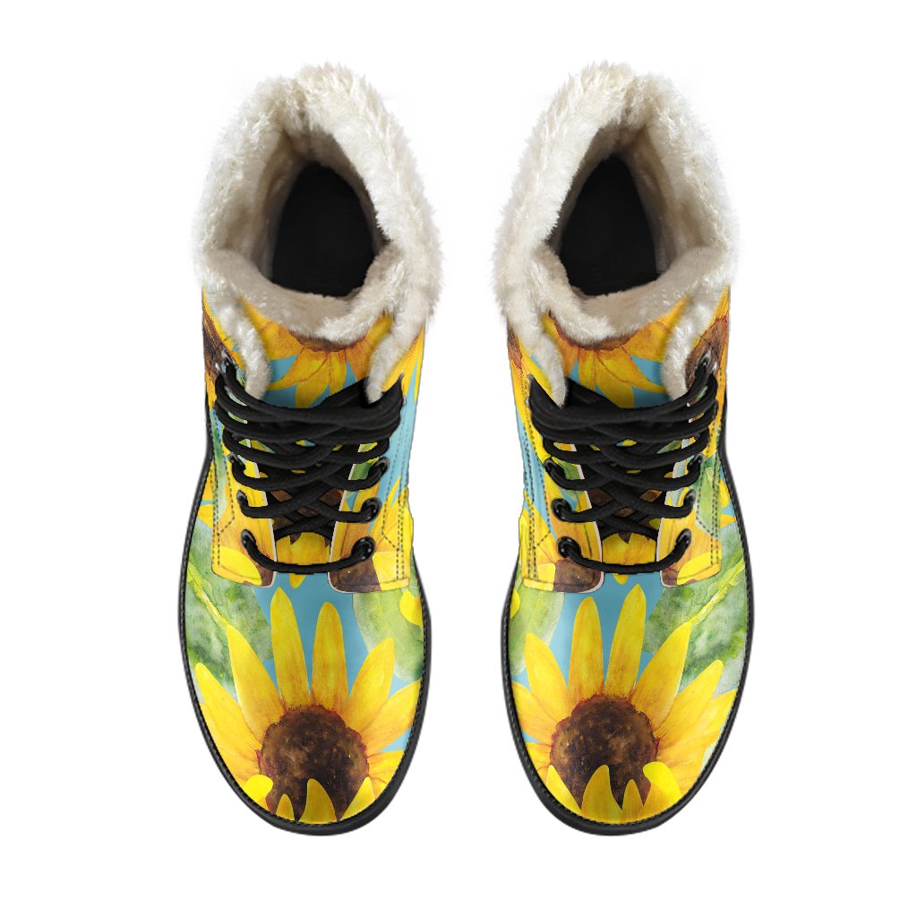 Blue Watercolor Sunflower Pattern Print Comfy Boots GearFrost