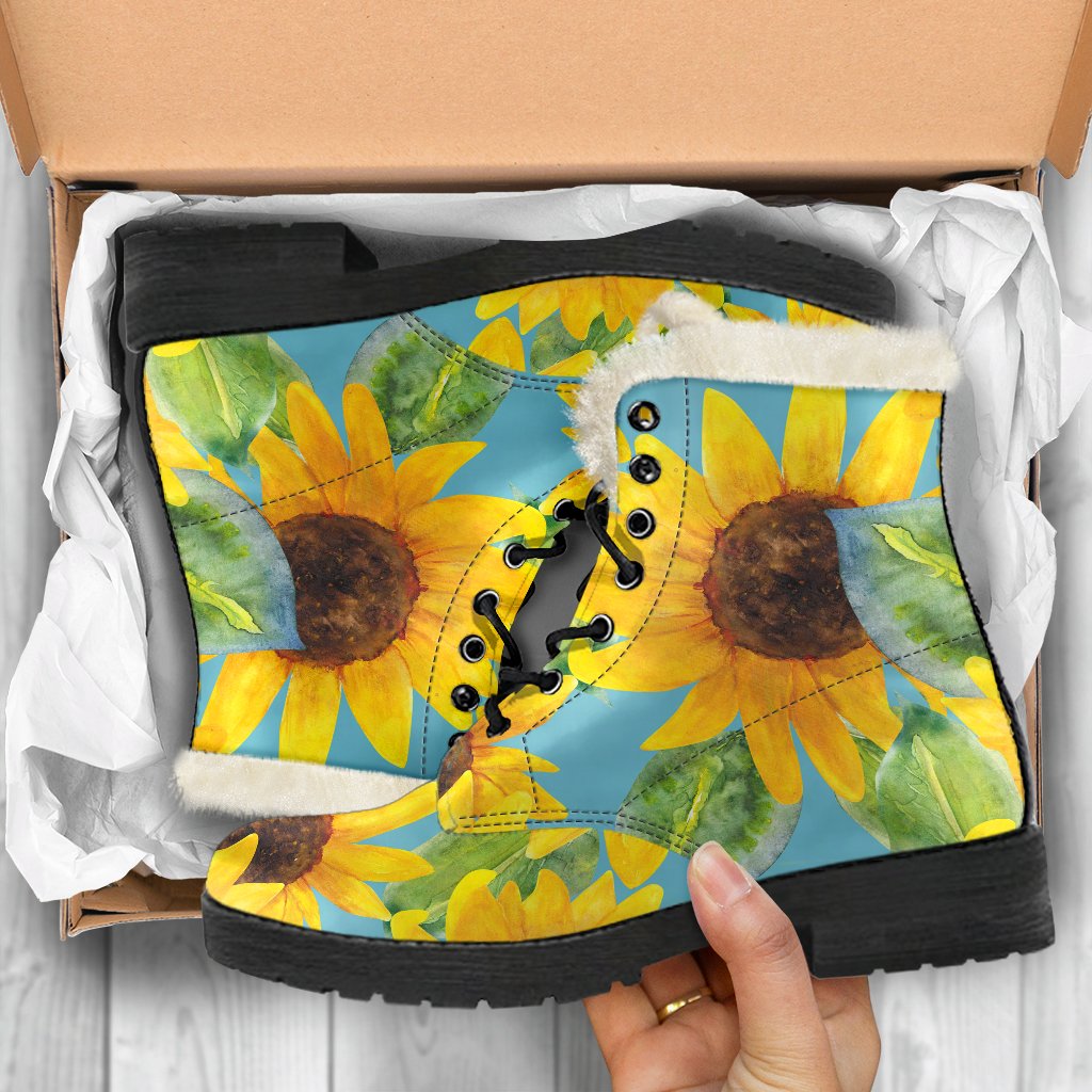 Blue Watercolor Sunflower Pattern Print Comfy Boots GearFrost