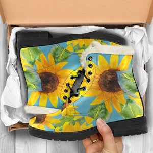 Blue Watercolor Sunflower Pattern Print Comfy Boots GearFrost