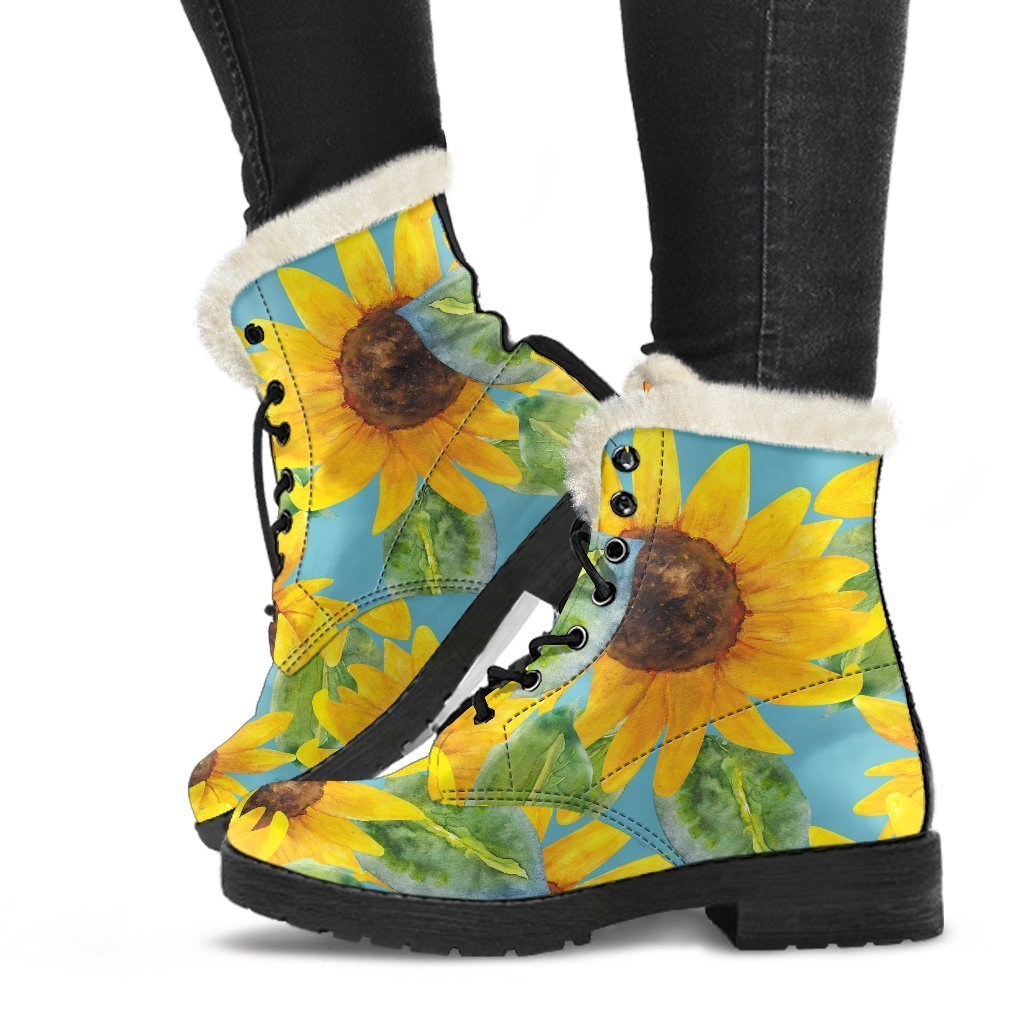 Blue Watercolor Sunflower Pattern Print Comfy Boots GearFrost