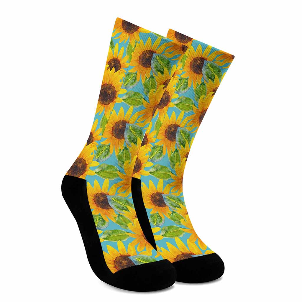 Blue Watercolor Sunflower Pattern Print Crew Socks