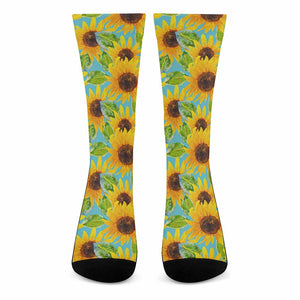 Blue Watercolor Sunflower Pattern Print Crew Socks