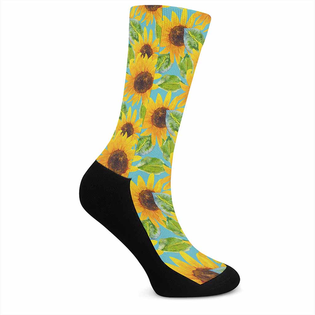 Blue Watercolor Sunflower Pattern Print Crew Socks