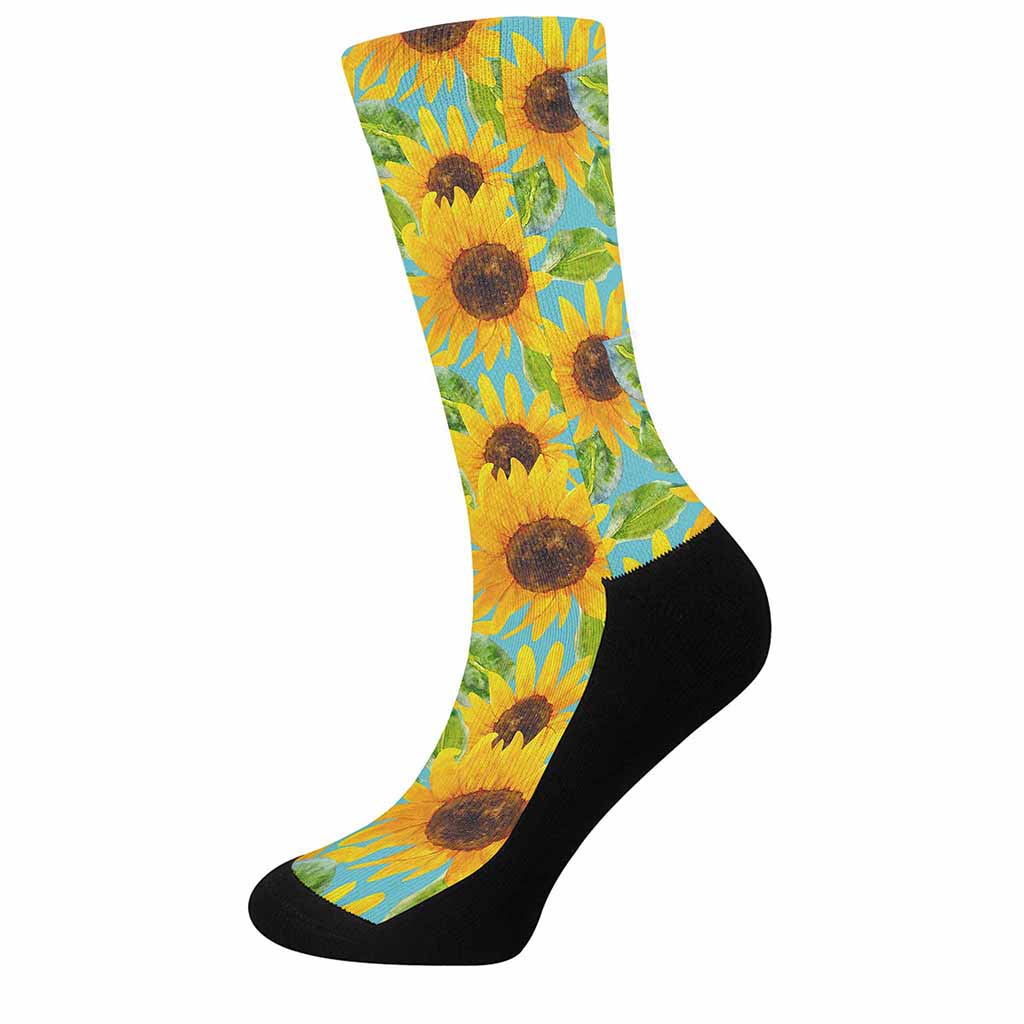 Blue Watercolor Sunflower Pattern Print Crew Socks