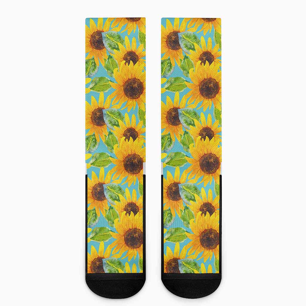 Blue Watercolor Sunflower Pattern Print Crew Socks