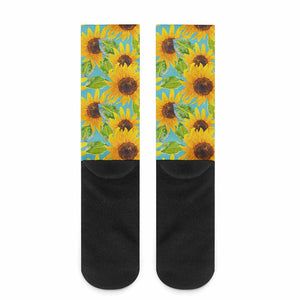 Blue Watercolor Sunflower Pattern Print Crew Socks