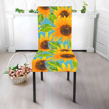 Blue Watercolor Sunflower Pattern Print Dining Chair Slipcover