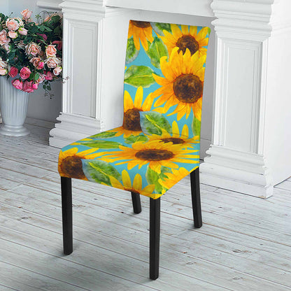 Blue Watercolor Sunflower Pattern Print Dining Chair Slipcover