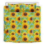 Blue Watercolor Sunflower Pattern Print Duvet Cover Bedding Set