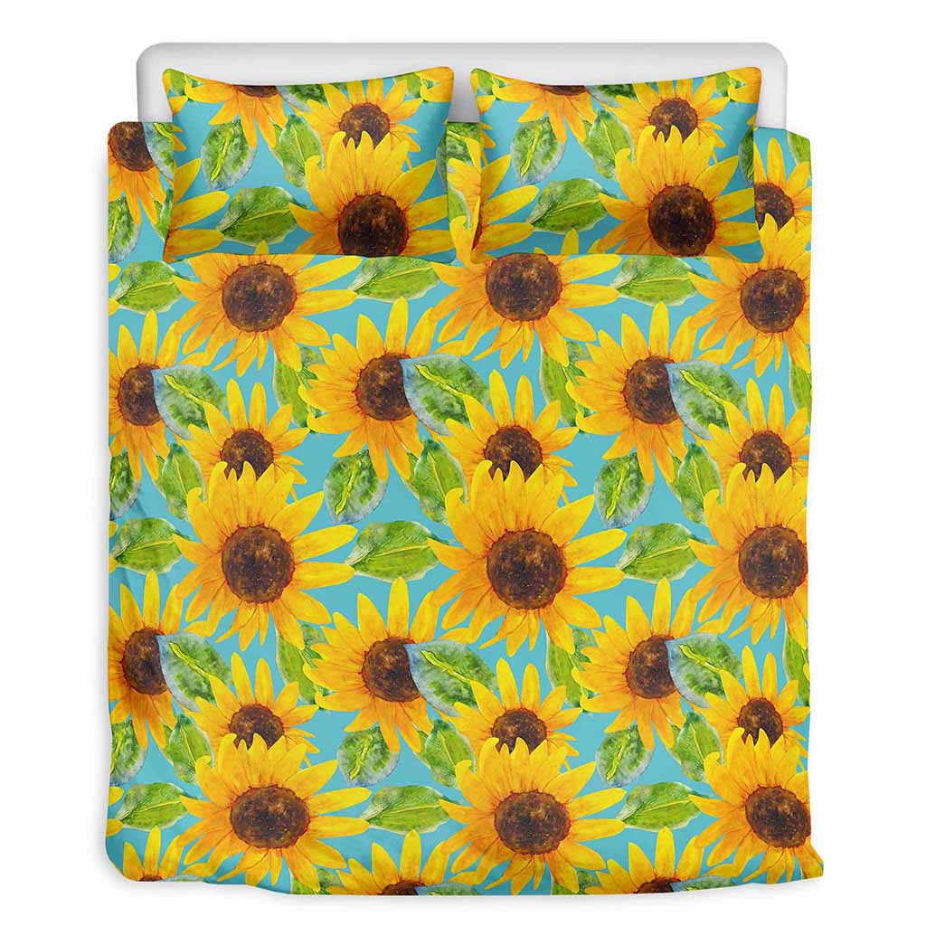 Blue Watercolor Sunflower Pattern Print Duvet Cover Bedding Set