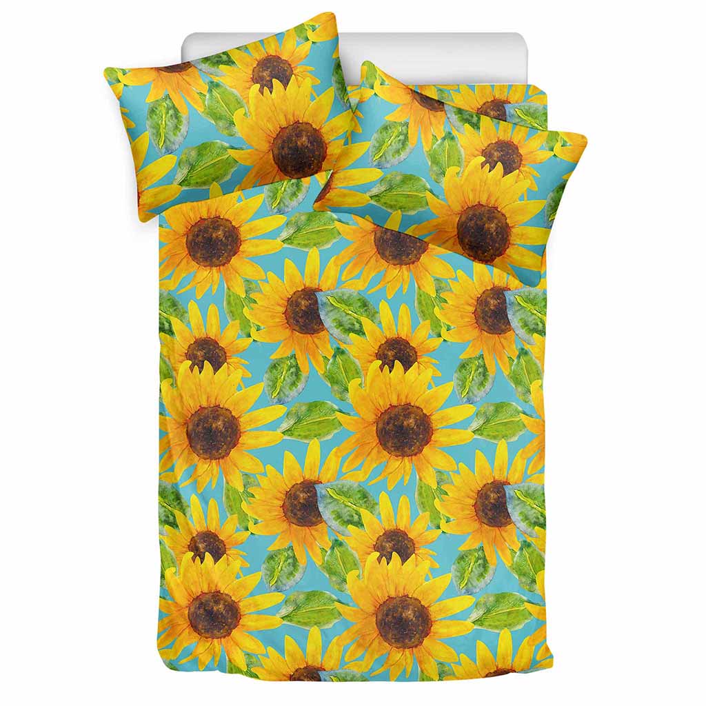 Blue Watercolor Sunflower Pattern Print Duvet Cover Bedding Set