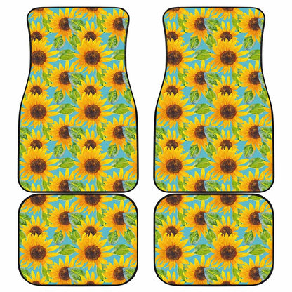 Blue Watercolor Sunflower Pattern Print Front and Back Car Floor Mats