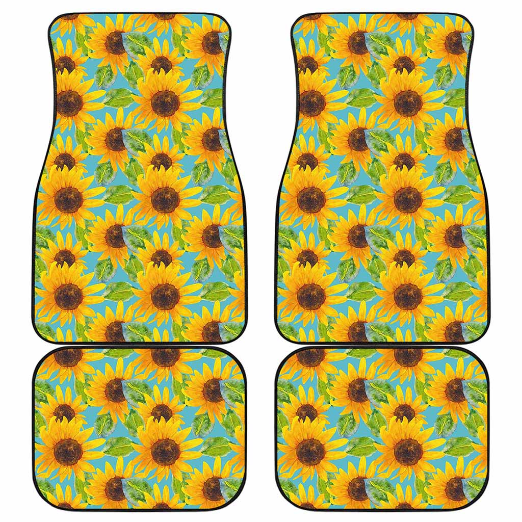 Blue Watercolor Sunflower Pattern Print Front and Back Car Floor Mats
