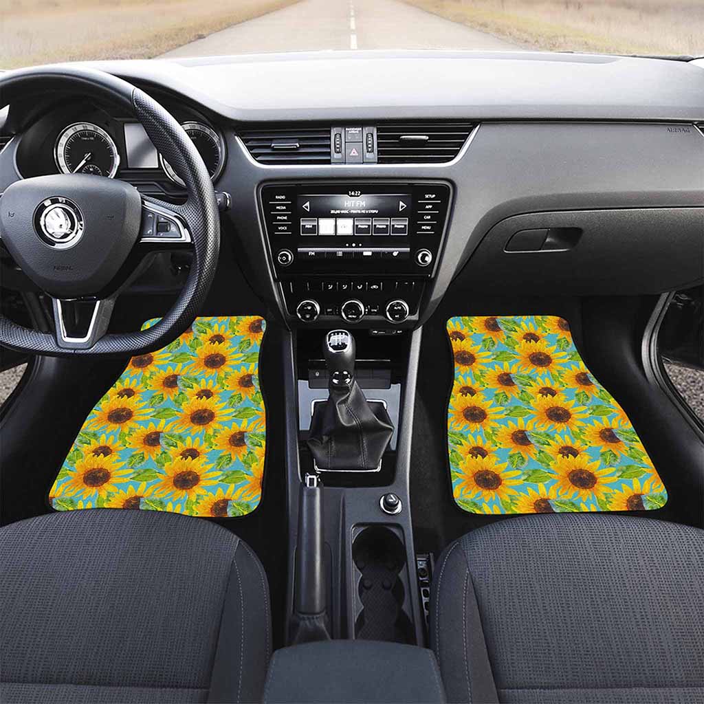 Blue Watercolor Sunflower Pattern Print Front and Back Car Floor Mats