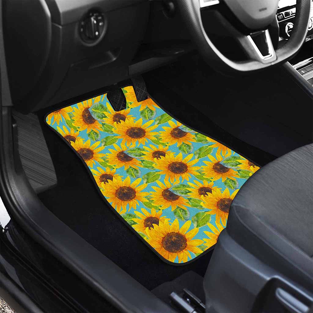 Blue Watercolor Sunflower Pattern Print Front and Back Car Floor Mats