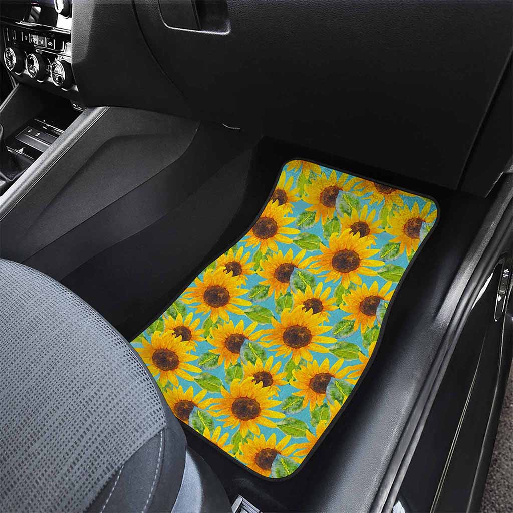 Blue Watercolor Sunflower Pattern Print Front and Back Car Floor Mats