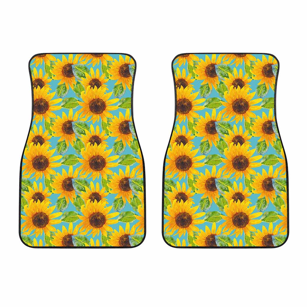 Blue Watercolor Sunflower Pattern Print Front Car Floor Mats