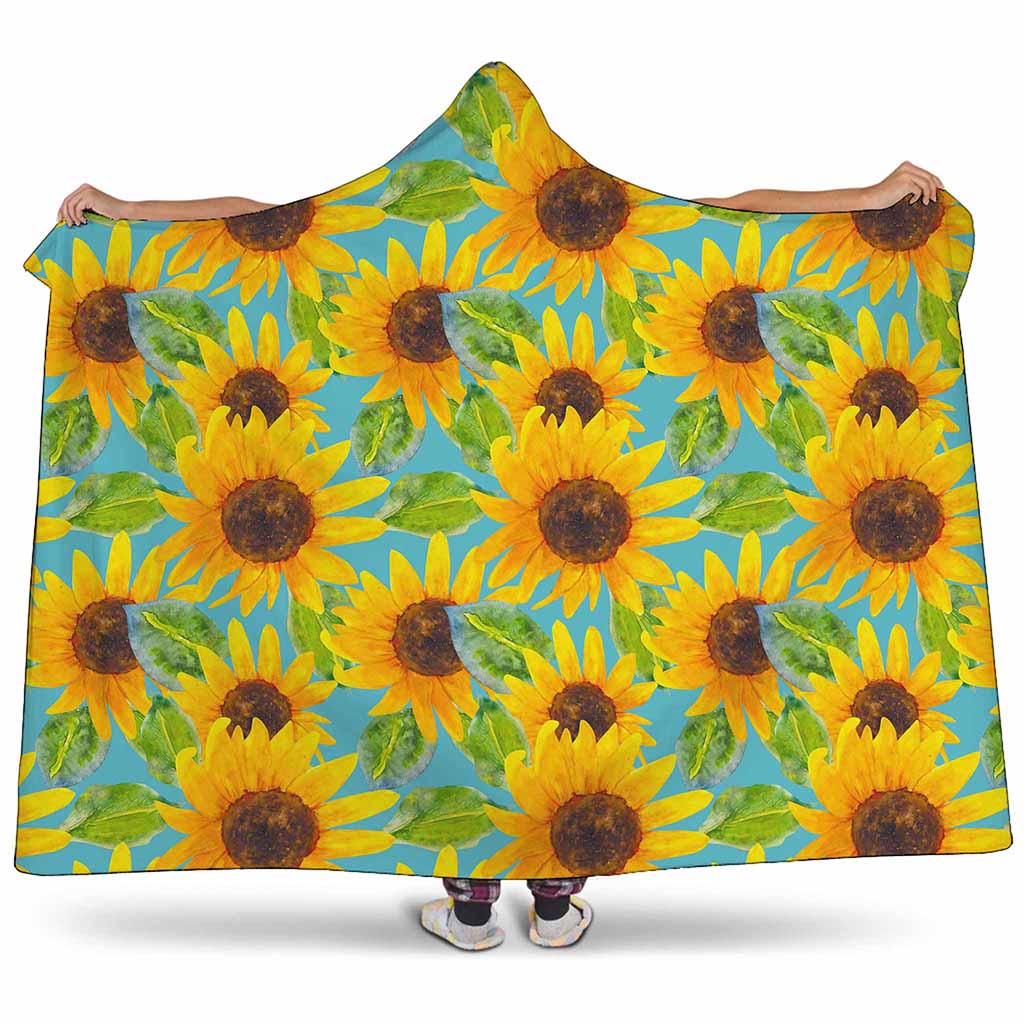 Blue Watercolor Sunflower Pattern Print Hooded Blanket
