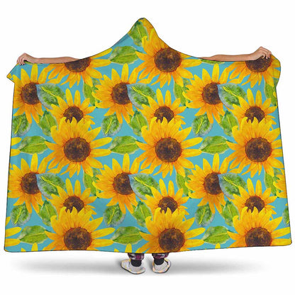 Blue Watercolor Sunflower Pattern Print Hooded Blanket
