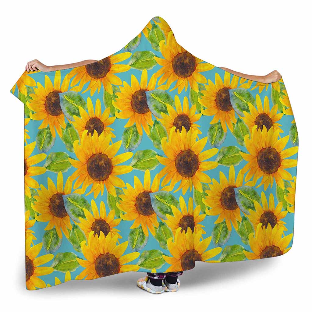 Blue Watercolor Sunflower Pattern Print Hooded Blanket