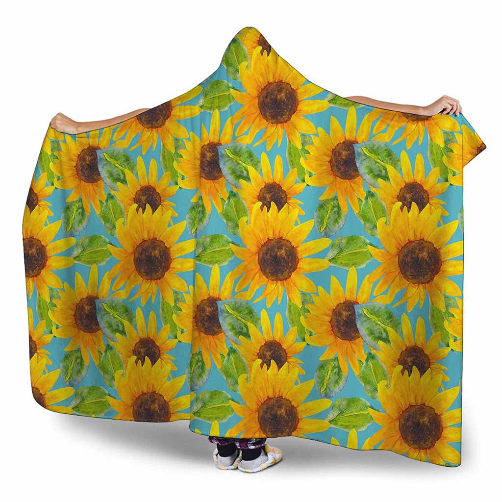 Blue Watercolor Sunflower Pattern Print Hooded Blanket