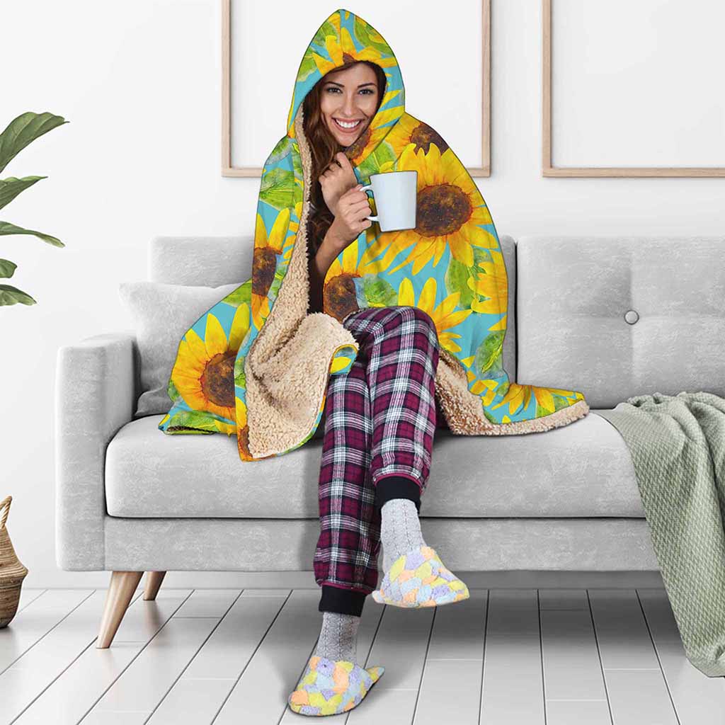 Blue Watercolor Sunflower Pattern Print Hooded Blanket