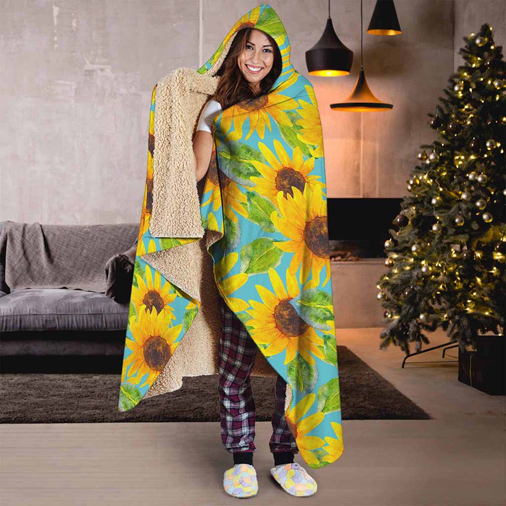Blue Watercolor Sunflower Pattern Print Hooded Blanket