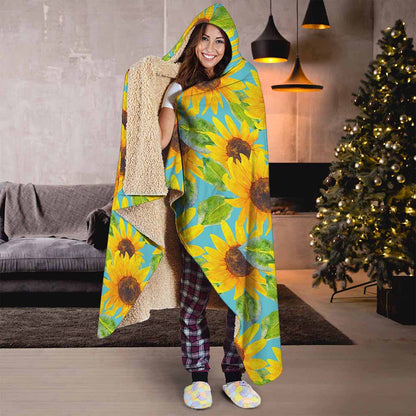 Blue Watercolor Sunflower Pattern Print Hooded Blanket