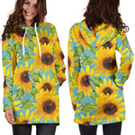 Blue Watercolor Sunflower Pattern Print Hoodie Dress GearFrost