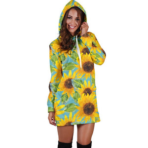 Blue Watercolor Sunflower Pattern Print Hoodie Dress GearFrost