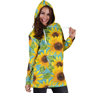 Blue Watercolor Sunflower Pattern Print Hoodie Dress GearFrost