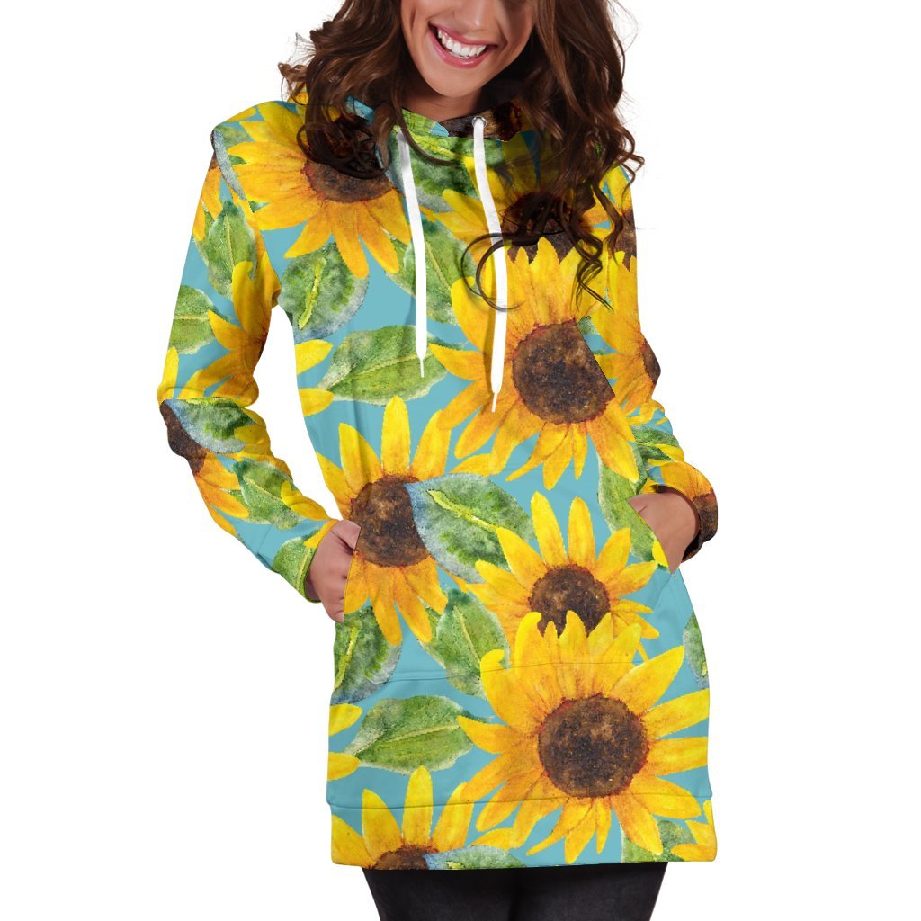 Blue Watercolor Sunflower Pattern Print Hoodie Dress GearFrost