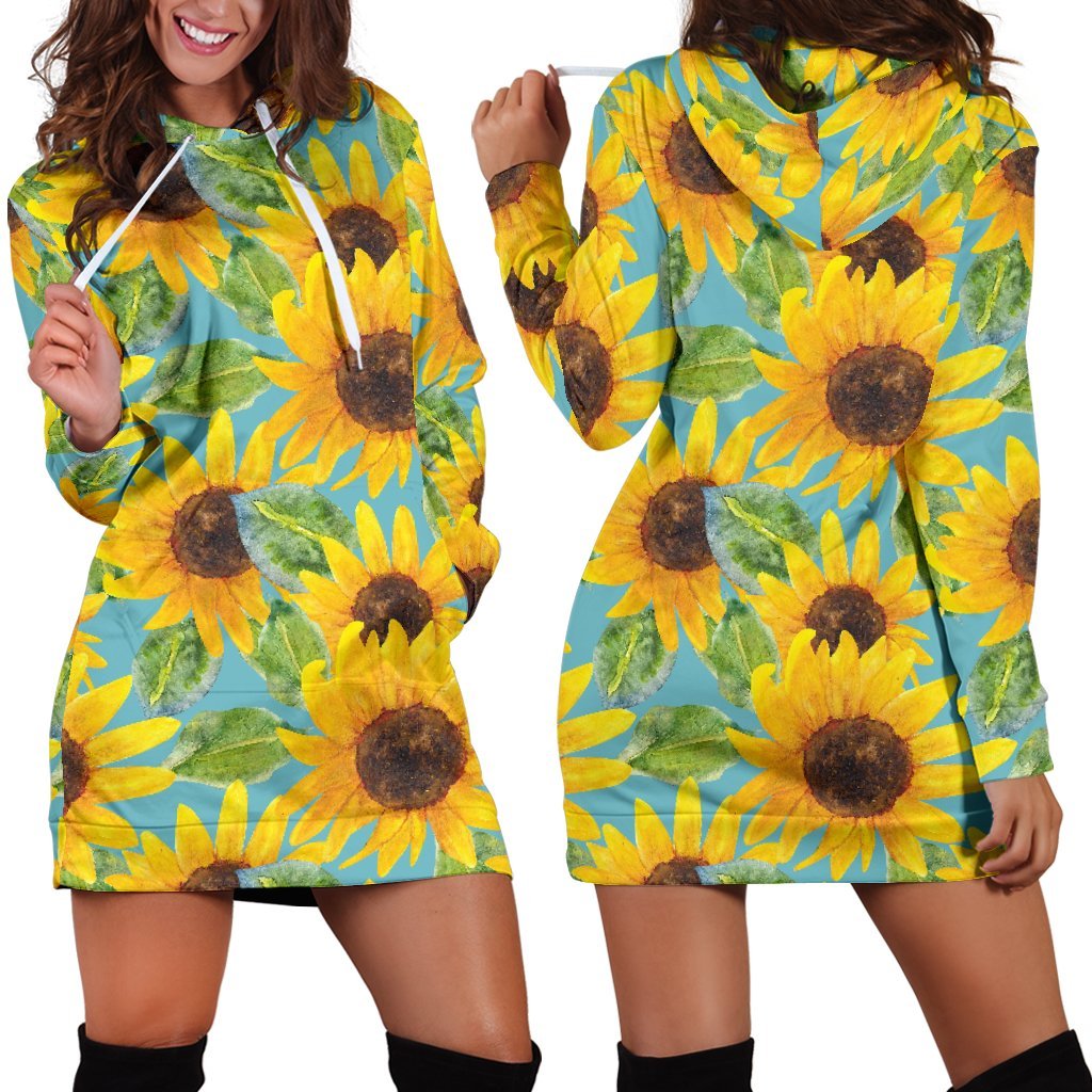 Blue Watercolor Sunflower Pattern Print Hoodie Dress GearFrost