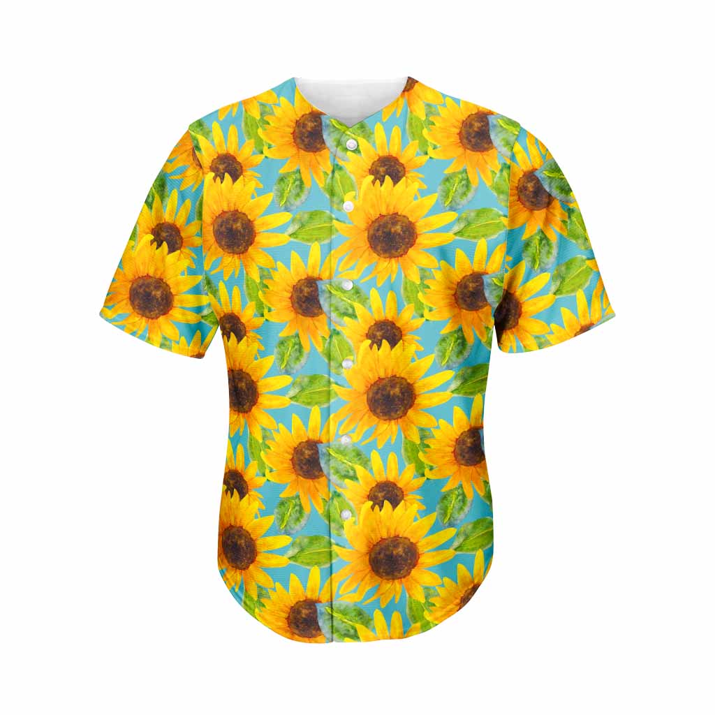 Blue Watercolor Sunflower Pattern Print Men's Baseball Jersey