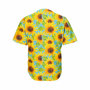 Blue Watercolor Sunflower Pattern Print Men's Baseball Jersey