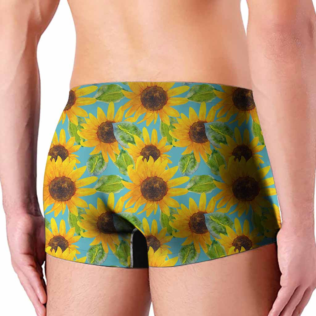 Blue Watercolor Sunflower Pattern Print Men's Boxer Briefs