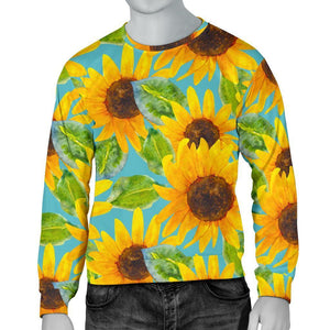 Blue Watercolor Sunflower Pattern Print Men's Crewneck Sweatshirt GearFrost