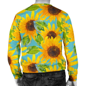 Blue Watercolor Sunflower Pattern Print Men's Crewneck Sweatshirt GearFrost