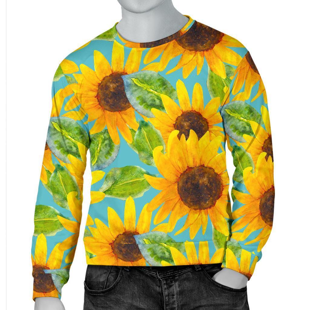 Blue Watercolor Sunflower Pattern Print Men's Crewneck Sweatshirt GearFrost