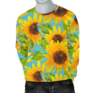 Blue Watercolor Sunflower Pattern Print Men's Crewneck Sweatshirt GearFrost