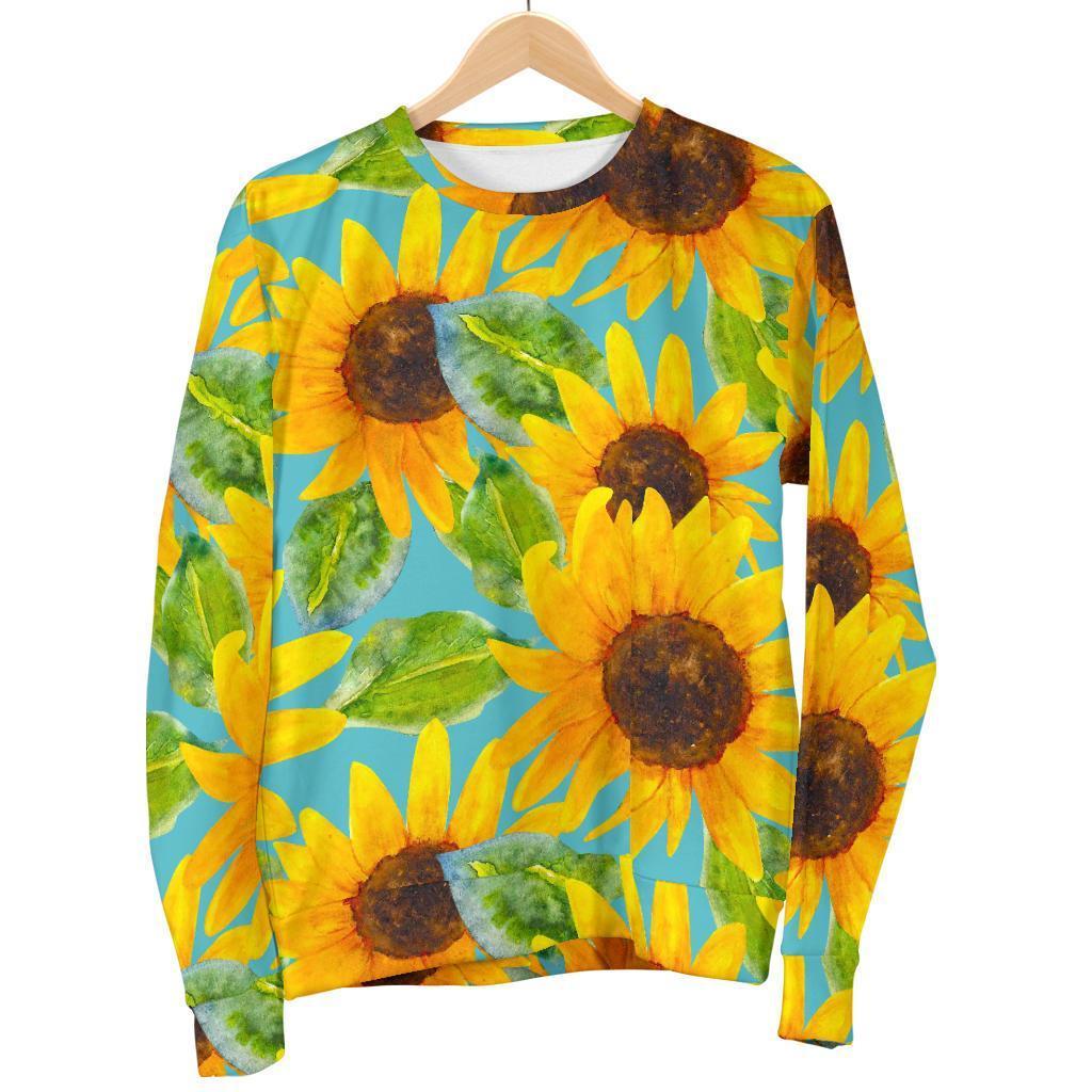 Blue Watercolor Sunflower Pattern Print Men's Crewneck Sweatshirt GearFrost