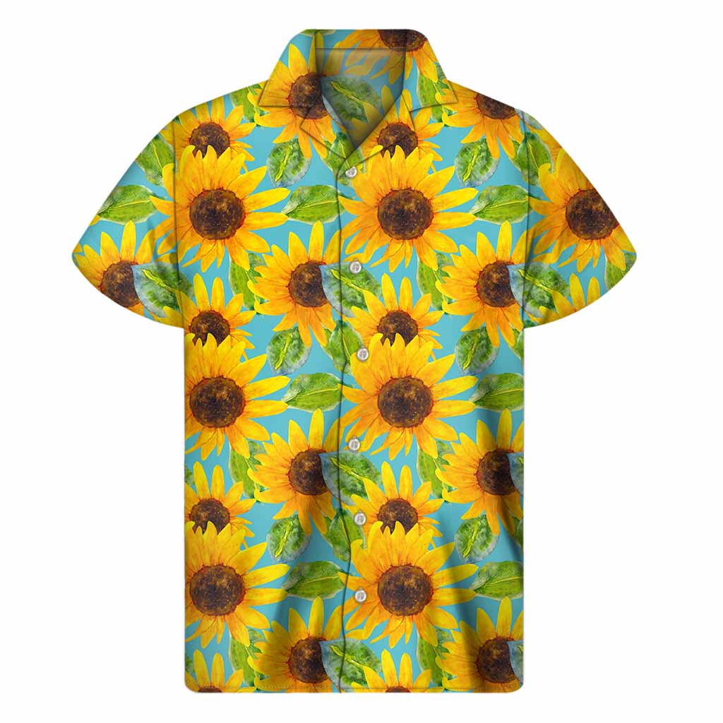 Blue Watercolor Sunflower Pattern Print Men's Short Sleeve Shirt